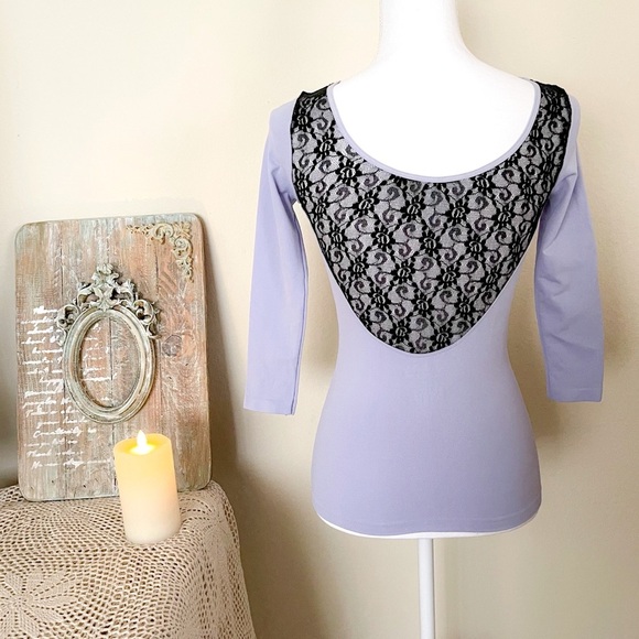 NWOT Free People Lace Back Stretchy Long Sleeves Lilac Top - Picture 3 of 6